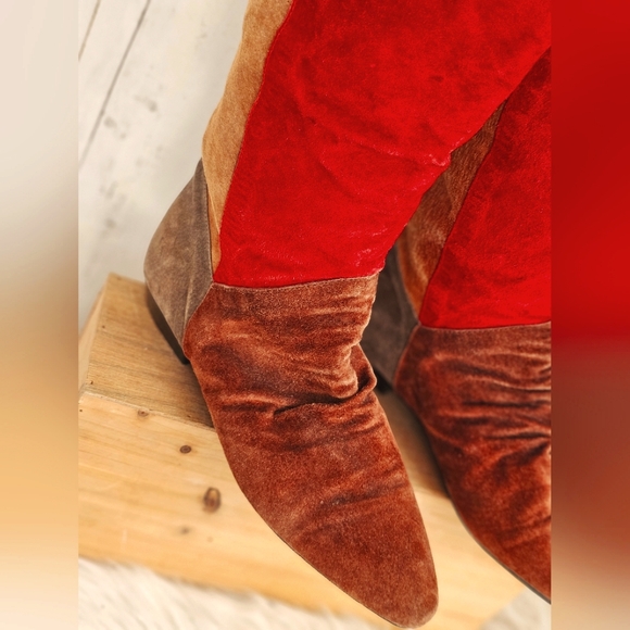Vintage RARE Passports Suede Patchwork Knee High Low Heel Boots Red Tan Brown - Picture 6 of 15
